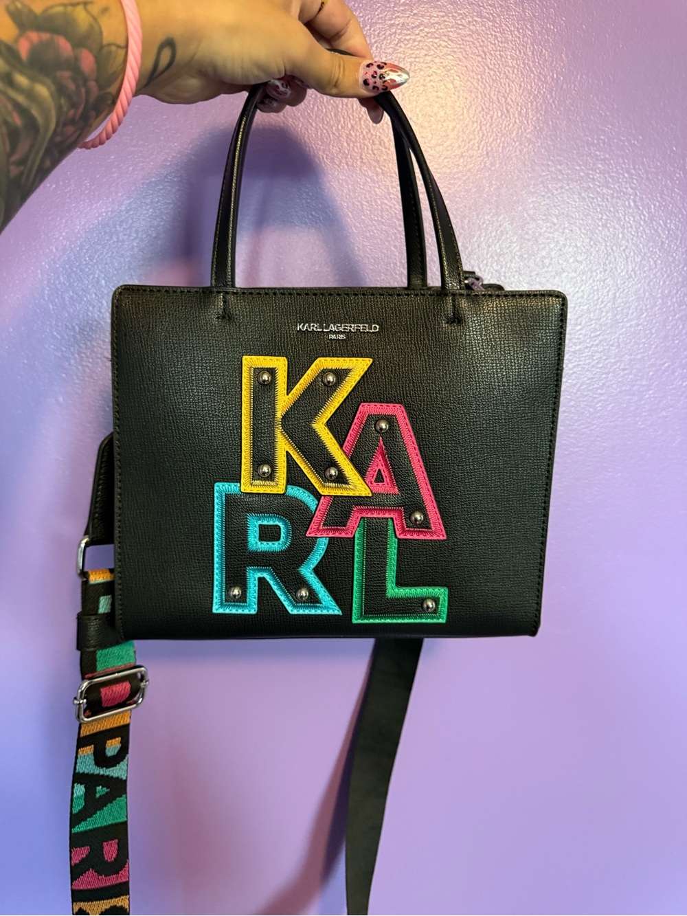 Karl Lagerfeld Black Leather Satchel with Multicolor KARL Logo